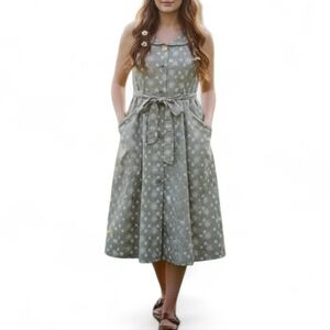 Mlle Gabrielle Floral Cotton Midi Dress Sage Green Large Cottagecore Button Up